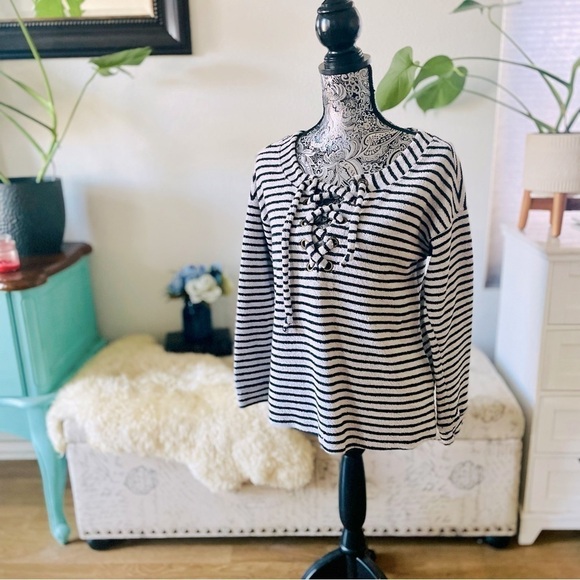 🏷️ 4/$25 Sanctuary Preppy Beacon Stripe Lace-Up French Terry Pullover Sweater - Picture 2 of 8